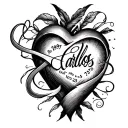 heart with infinity symbol intertwined with the name carlos with the dates 09/05/90 to 03/17/25  tattoo design idea