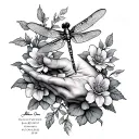 flower and vines wrapped around my hand reaching for a dragonfly with memorial dates tattoo design idea