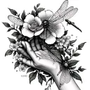 flower and vines wrapped around my hand reaching for a dragonfly with memorial dates tattoo design idea