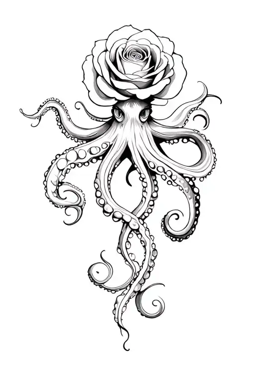 octopus and rose intertwined black withe tattoo design idea