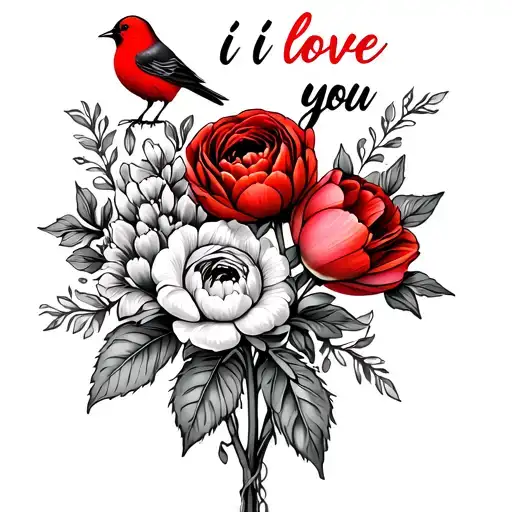3 flowers a peony rose and tulip in a bunch and the stem with i love you in cursive then a red bird and then greenery  tattoo design idea