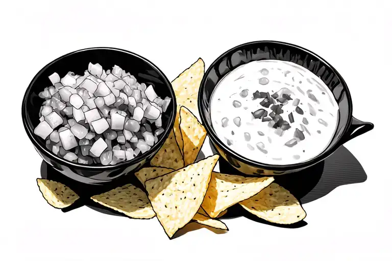 Bowl of pico de gallo and bowl of queso with side of chips tattoo design idea