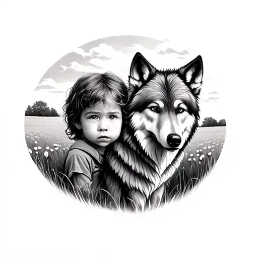 2 Children Haramnos A wolf and a field landscape tattoo design idea