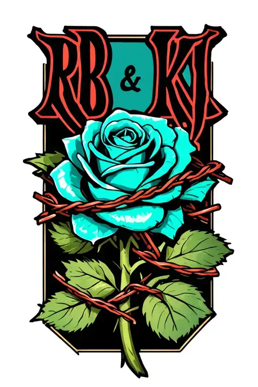 "RB ; KJ" teal rose wrapped in barbed wire tattoo design idea