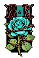 "RB ; KJ" teal rose wrapped in barbed wire tattoo design idea