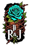 "RB ; KJ" teal rose wrapped in barbed wire tattoo design idea