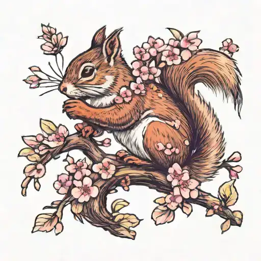 adorable Squirrel With Cherry Blossom Flowers Of February tattoo design idea