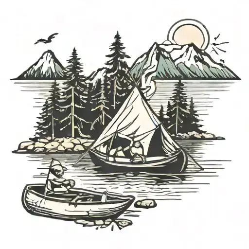 camp fire, canoe, mountain, tent, island tattoo design idea