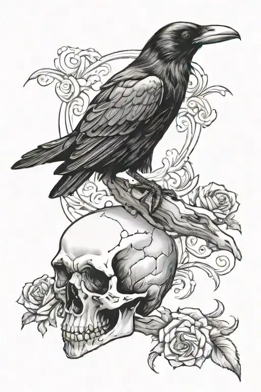 raven perched on a skull tattoo design idea
