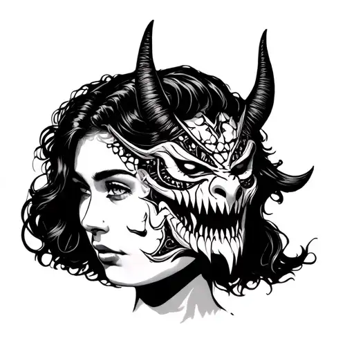 Old school traditional tattoo flash, black and white ink, a woman’s face transforming into a demon mask, bold thick line tattoo design idea