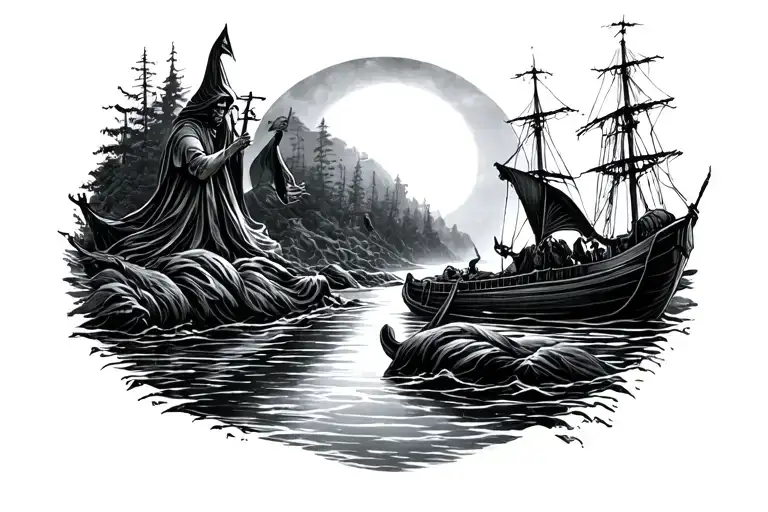 Create a black-and-white tattoo of a river that connects a dark and a light side, like the Styx. Ferryman with hood tattoo design idea