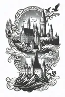 Hogwarts castle Silhouette with the ittle prince, on the logo of german THW with a music element tattoo design idea