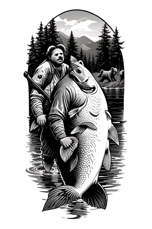 fisher man pulling huge fish with bears playing in back with river and trees tattoo design idea