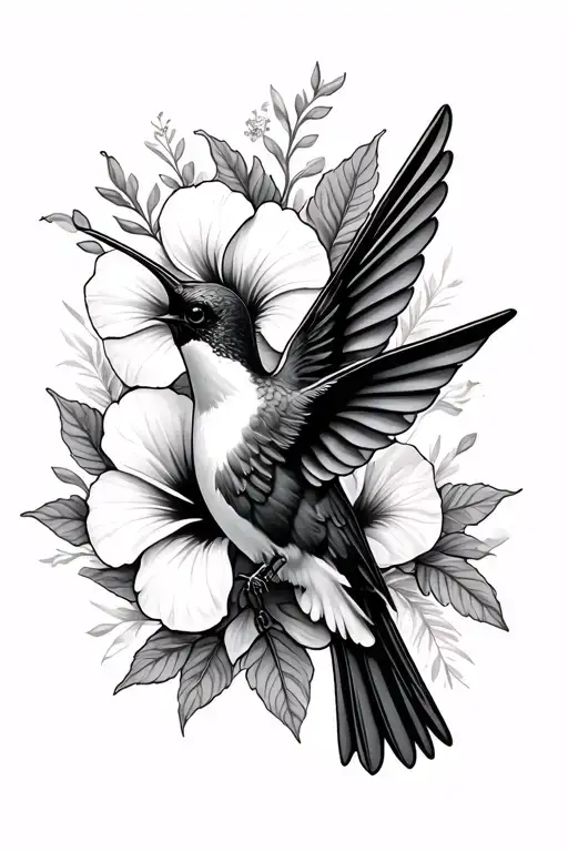 hummingbird and hibiscus flowers surrounding tattoo design idea