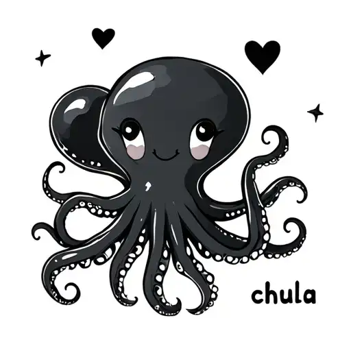Minimalist sexy mini octopus black outline with a smile, the name "chula" combined, small heart made of waves, star's tattoo design idea