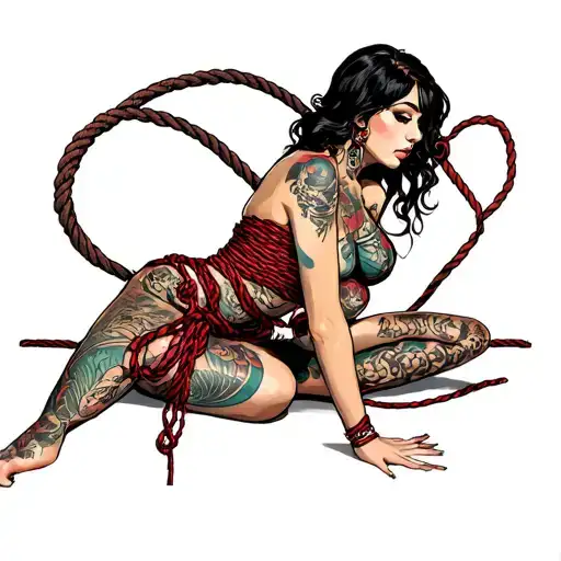 A sensual woman with BDSM aesthetics, tied with ropes (Shibari), rope tattoo design idea