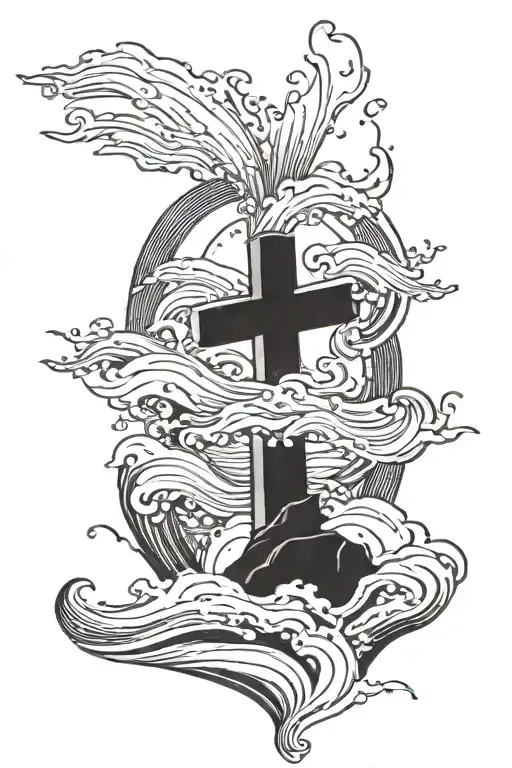 long thick stone crashing waves at the bottom with a cross on top tattoo design idea