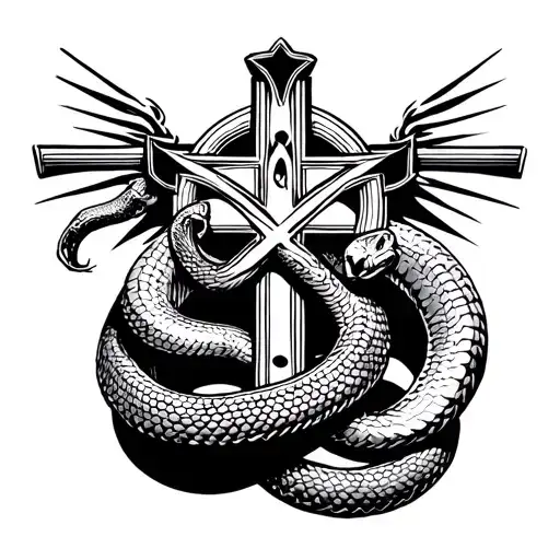 black and white drawing of a cross and a snake wrapped around it, leviathan cross, orthodox symbolism diesel punk, in ho tattoo design idea
