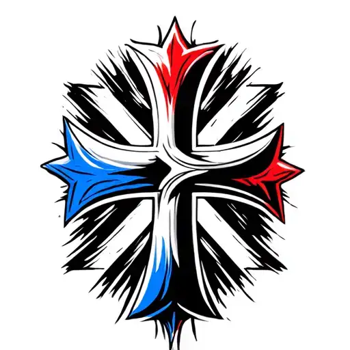 A tattoo of the Lorraine cross with two horizontal bars in fine black lines, blue, white and red tattoo design idea