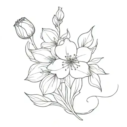 Create a tattoo with a bouquet of January, July, October, November and December birth flowers. Thin line and only black  tattoo design idea