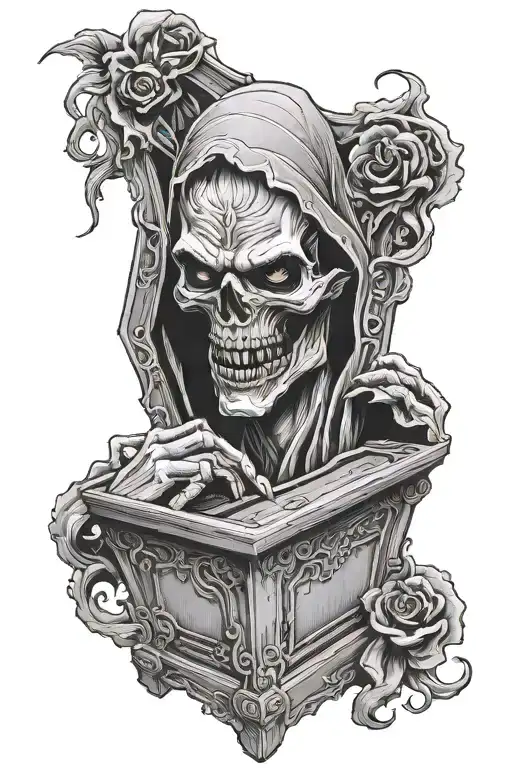 coffin standing up, dark, scary, menacing demon emerging tattoo design idea