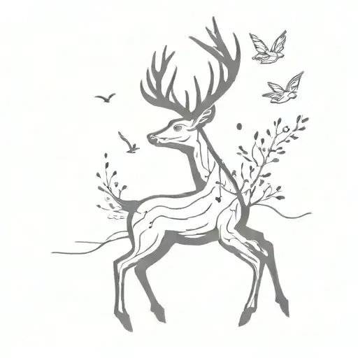 deer with three little birds flying nearby tattoo design idea