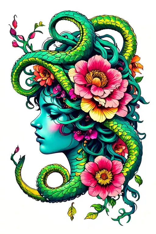 Medusa intertwined, witchcraft, flowers, serpent, bold colors, lots of colors tattoo design idea