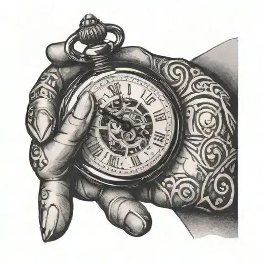a hand holding an open pocket watch with 5:41 on the face and 8-6-23 scratched under the lid tattoo design idea
