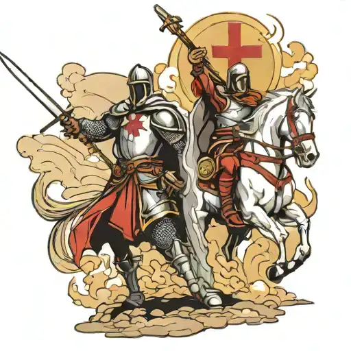 Give me a photo of Templar knight with cross in hand and JesusChrist helping him in battle against the world from heaven tattoo design idea