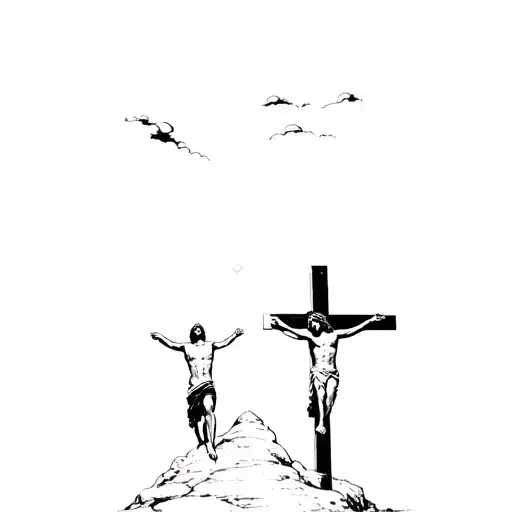 Jesus being crucified on the mount with dark clouds over him and a spotlight of light shines down on him  tattoo design idea