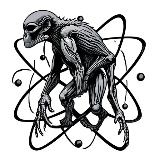Evolutionary chart from ape to alien with an atom as background tattoo design idea