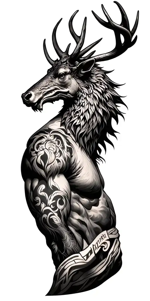 stag horns bahamut head on the back of the arm. represent Watford football club  tattoo design idea