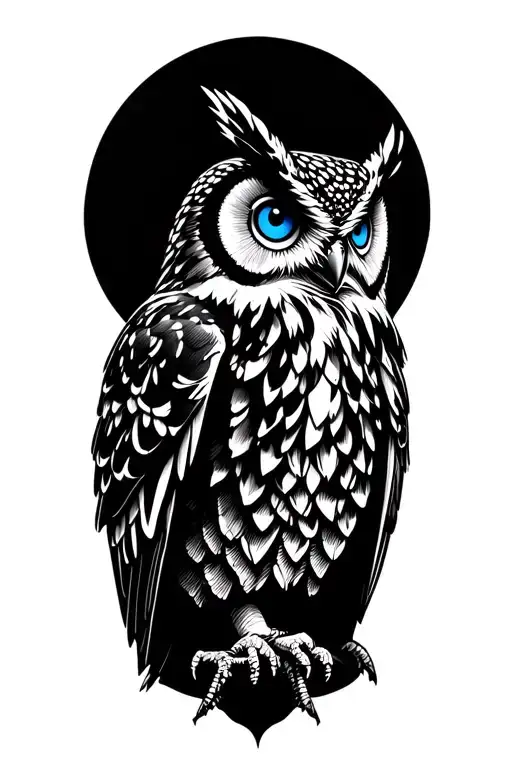 guardian owl perched blue eyes tattoo design idea