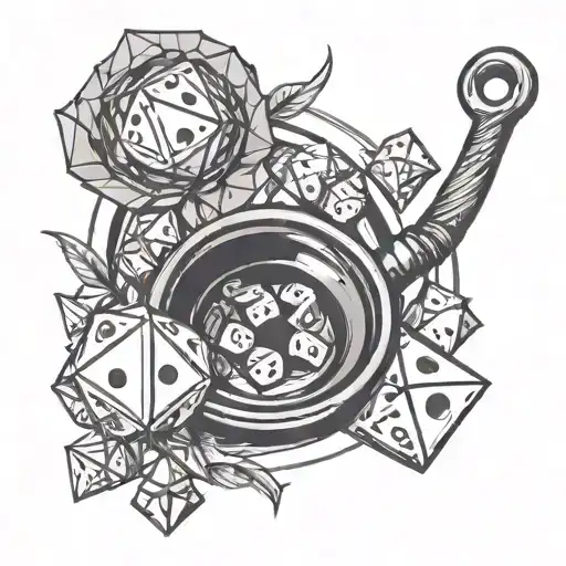 frying pan with polyhedral dice tattoo design idea