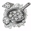 frying pan with polyhedral dice tattoo design idea