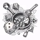 frying pan with polyhedral dice tattoo design idea