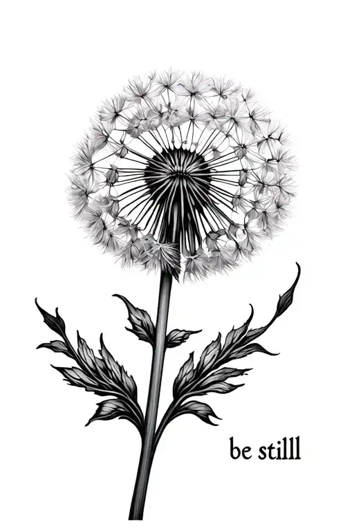 dandelion with the words "be still" as the stem wrapped tattoo design idea