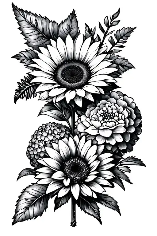 a morningstar mace, sunflower, gerbera and hydrangea. Long tattoo for the collarbone. Stems visible. tattoo design idea