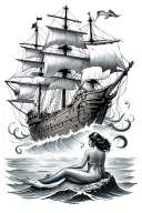 Classic siren mermaid sitting on a rock, watching an old school pirate ship get taken down by a kraken tattoo design idea