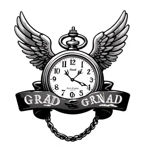 pocket watch with angel wings with the word grandad  tattoo design idea