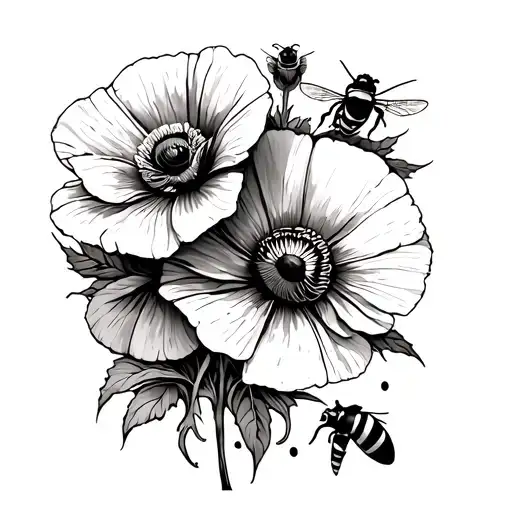 poppys and honeycomb and bee tattoo design idea