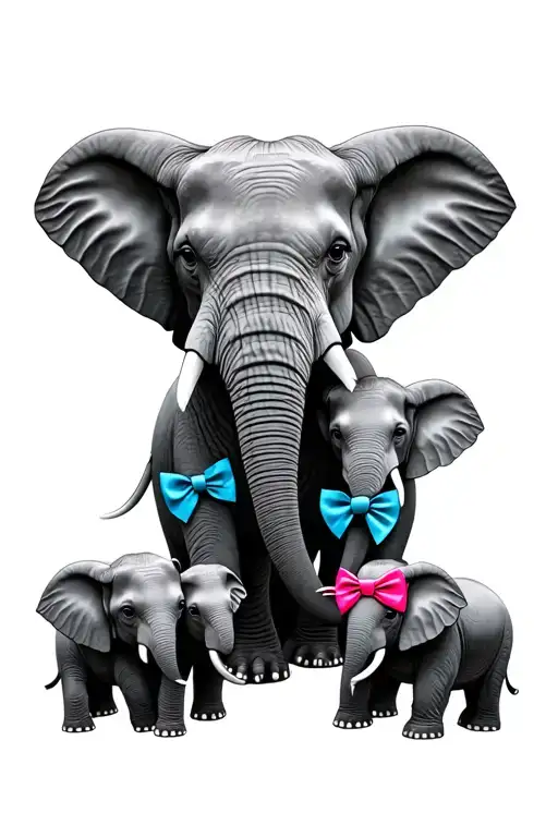 a mother elephants head surrounded by 4 baby elephants 3 with blue bow ties and 1 with a pink bow all realistic black tattoo design idea