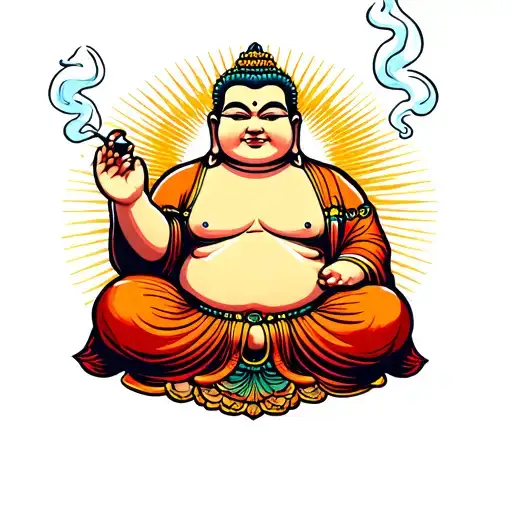 Fat Buddha pose and smokes tattoo design idea