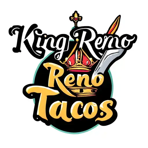 "King Reno Tacos" cursive with crown and knife tattoo design idea