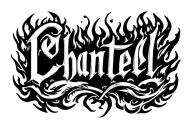 The name Chantell in fancy font surrounded by flames on front of bicep tattoo design idea