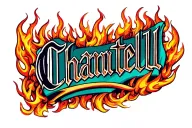 The name Chantell in fancy font surrounded by flames on front of bicep tattoo design idea