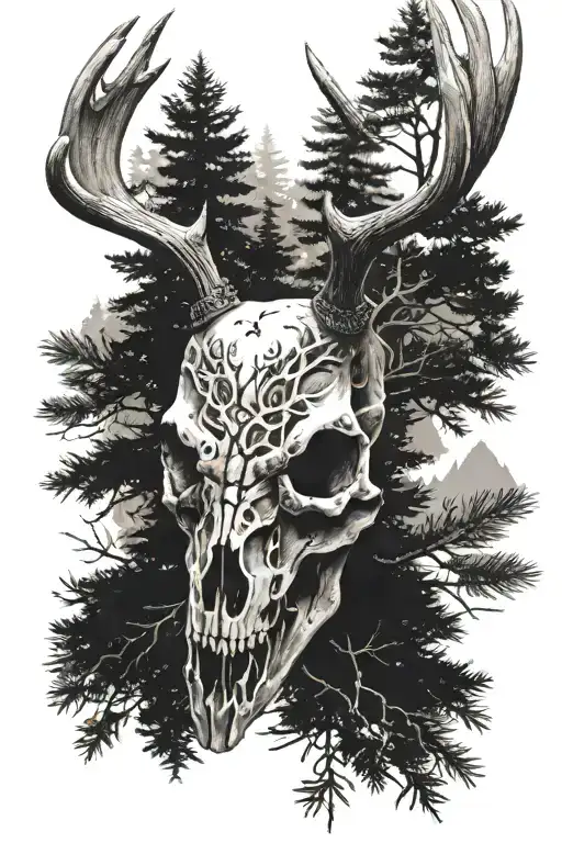 deer skull pine trees tattoo design idea