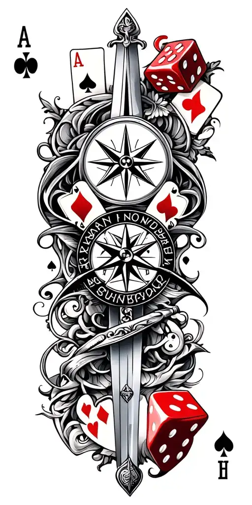 filigree design with playing cards, compass, dice and SWORD tattoo design idea