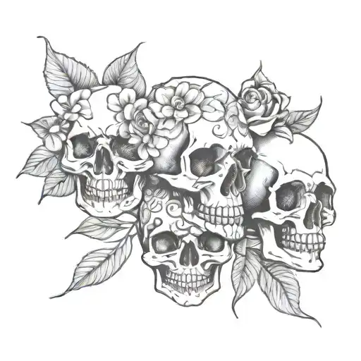 floral skulls feminine fine line tattoo design idea