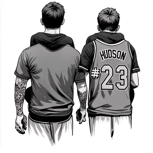 dad with son on shoulders. tattoo will be of their back walking away. son will be wearing a jersey saying Hudson with#23 tattoo design idea
